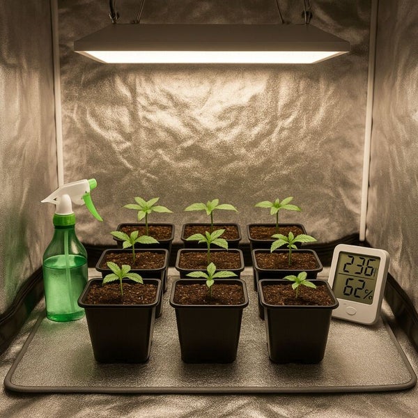 Anzuchtzelt mit Pflanzen, Sprühflasche, Thermometer und LED-Lampe