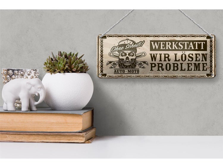 Blechschild Spruch 27x10cm Auto Moto Werkstatt wir lösen Probleme