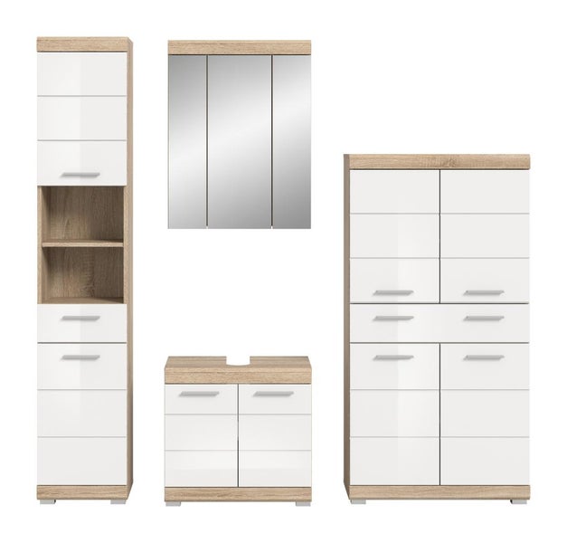 Badezimmermöbel-Set bestehend aus Hochschrank, Spiegelschrank, Waschbeckenunterschrank und Highboard in Eiche-Optik und Weiß.