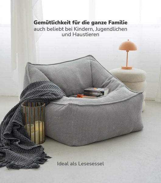 mokebo Sitzsack Sessel aus Cord 'Der Lümmel', XXL Sitzsack, Cord Sessel oder Sitz Sessel in Grau