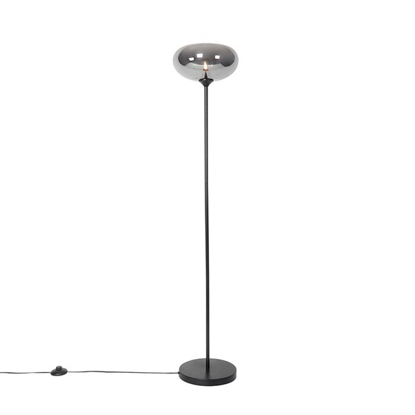 QAZQA - Art Deco Art Deco Stehlampe schwarz mit Rauchglas - Busa I Wohnzimmer I Schlafzimmer - Länglich - LED geeignet E27