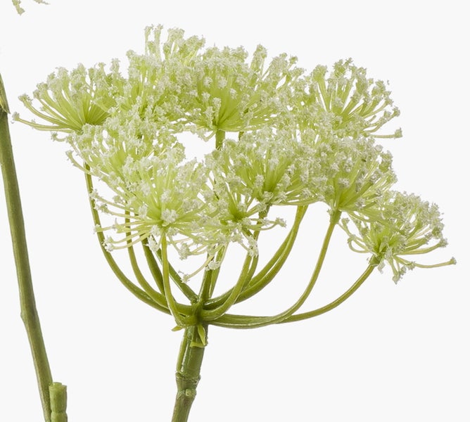 Künstlicher Hibiskuszweig mit drei apricotfarbenen Blüten, Knospen und grünen Blättern.