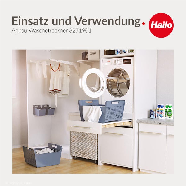 Hailo Logo. Organisierte Waschküche mit Waschmaschine, ausziehbarem Wäschetrockner, Wäschekörben und Zubehör.
