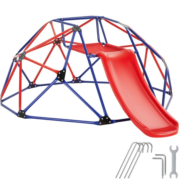 Kletterkuppel aus Metall mit Rutsche für Kinder, inklusive Bodenankern und Montagewerkzeug.