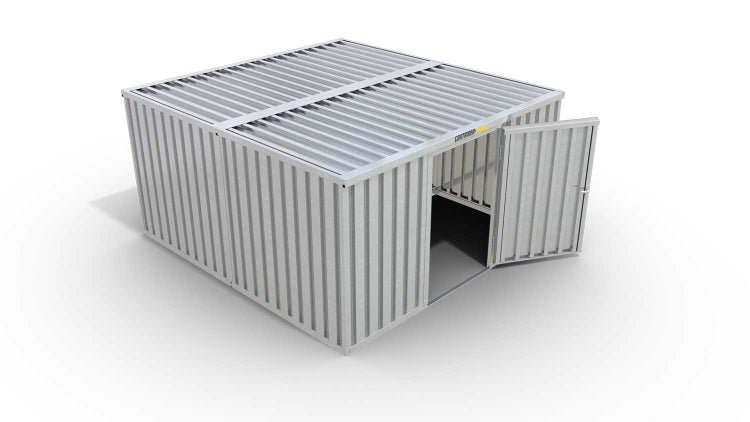 Lagercontainer Gerätehaus XL2  – 21 qm, H2115 x B5080 x T4340 mm, verzinkt, ohne Fußboden, 1270 mm Einflügeltür mittig in Breitseite, zerlegt