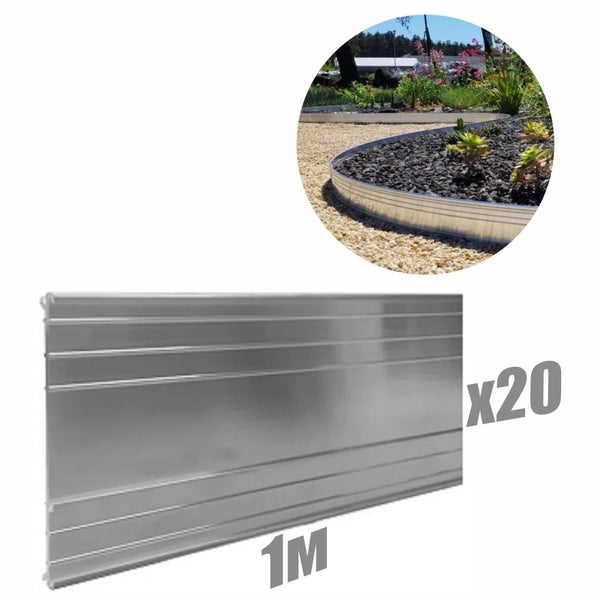 Set aus zwanzig Rasenkanten aus Metall, jeweils ein Meter lang, zur flexiblen Abgrenzung von Gartenbeeten und Wegen.
