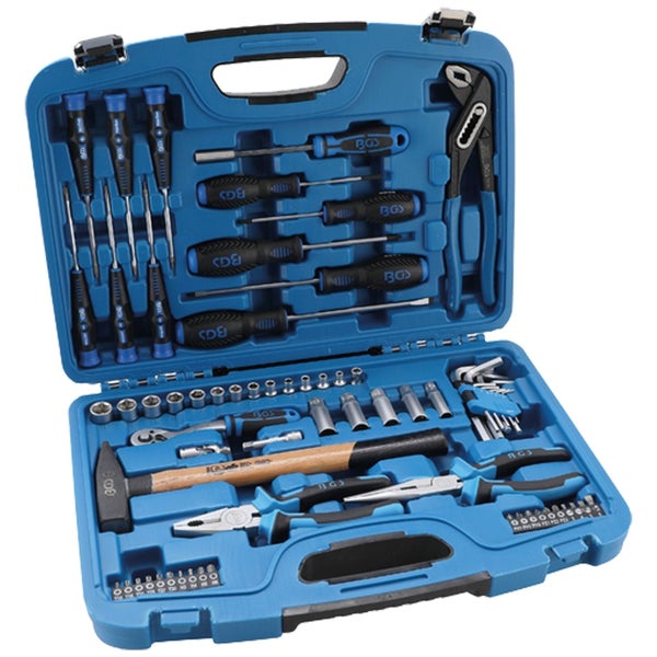 Geöffneter Werkzeugkoffer mit diversen Werkzeugen wie Schraubendrehern, Hammer und Zangen.