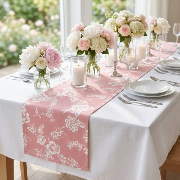 Festlich gedeckter Esstisch mit Tischläufer mit Blumenmuster, Blumensträußen, Kerzen und Geschirr in einem hellen, wohnlichen Ambiente.