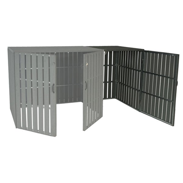 Zwei Mülltonnenboxen aus Metall mit jeweils zwei nach außen geöffneten Türen