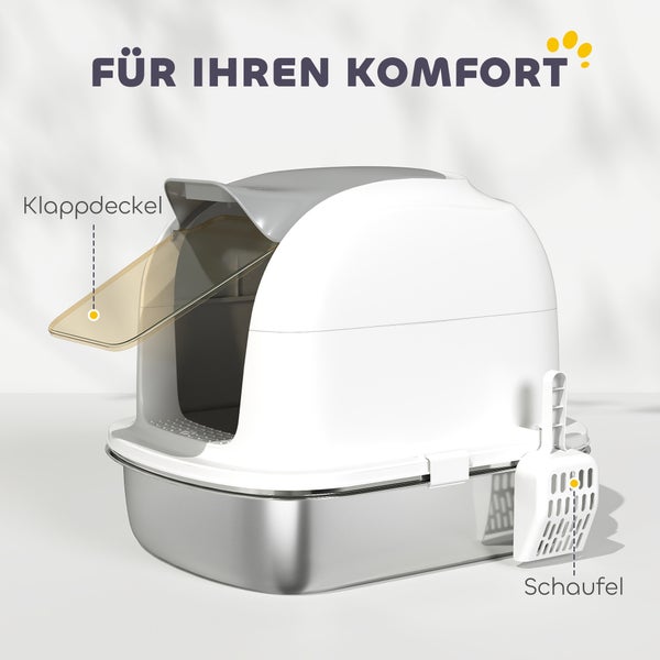 Geschlossene Katzentoilette mit Edelstahlwanne, Klappdeckel und Streuschaufel.
