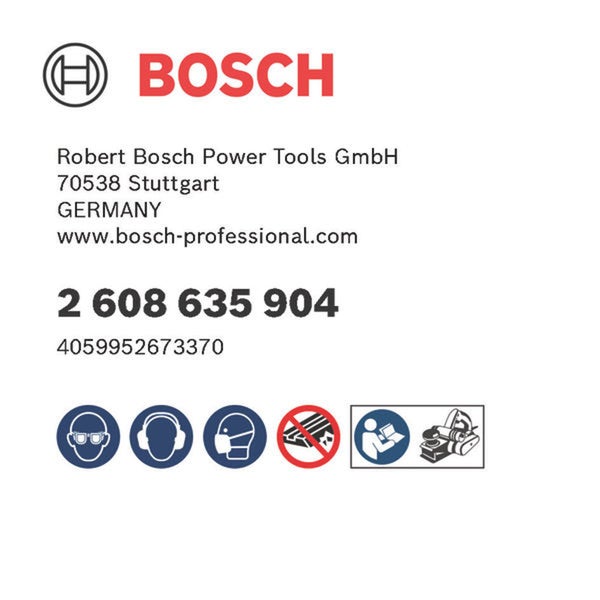 Bosch Logo. Sicherheitshinweise: Schutzbrille, Gehörschutz und Atemschutz tragen. Keine Musik hören. Bedienungsanleitung lesen.