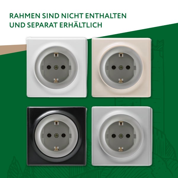 Vier Schuko Steckdosen Einsätze in verschiedenen Ausführungen, Rahmen sind nicht enthalten und separat erhältlich.