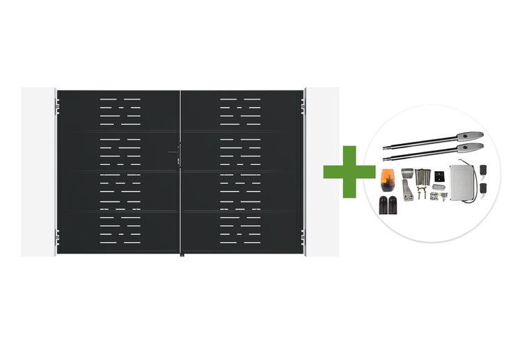Doppelflügeltor mit modernem Design inklusive elektrischem Drehtorantrieb und Montagezubehör