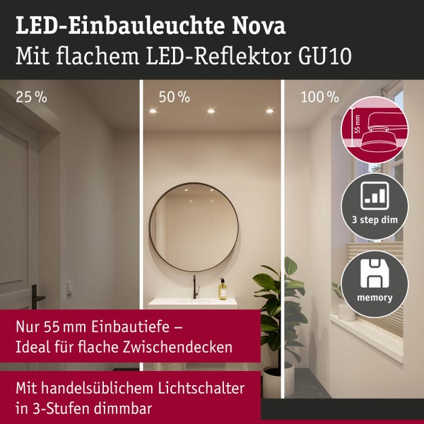 LED-Einbauleuchte Nova in einem Badezimmer, 3-Stufen-dimmbar bei 25 Prozent, 50 Prozent und 100 Prozent, 55 Millimeter Einbautiefe.