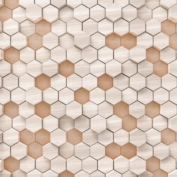 Wandpaneele mit sechseckigem Muster in Holz- und Korkoptik