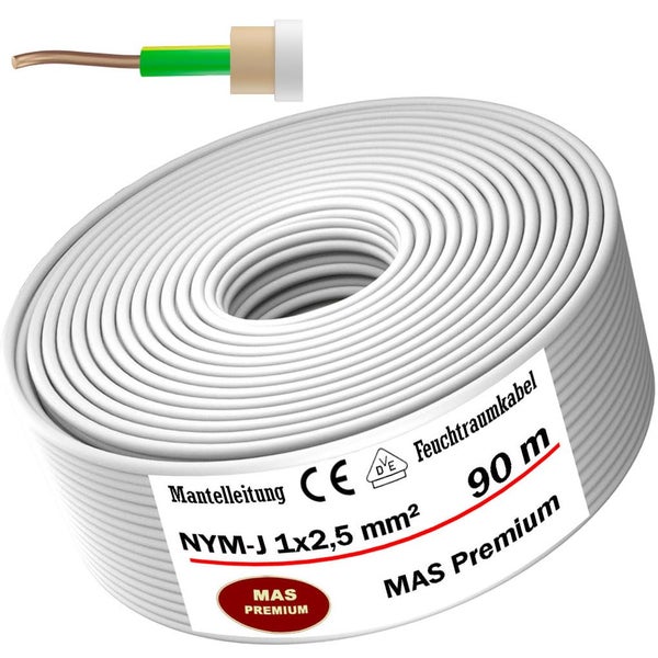 MAS Premium Mantelleitung NYM-J 1 mal 2,5 Quadratmillimeter, Feuchtraumkabel, 90 Meter, VDE-geprüft, CE-Kennzeichnung und MAS Premium Logo.