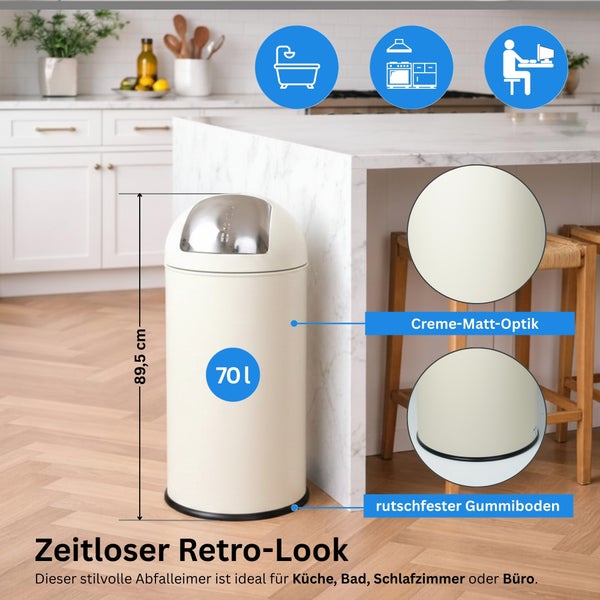 Retro-Abfalleimer 70 Liter in Creme matt, 89,5 Zentimeter hoch, mit Push-Deckel und rutschfestem Gummiboden für Küche, Bad oder Büro.
