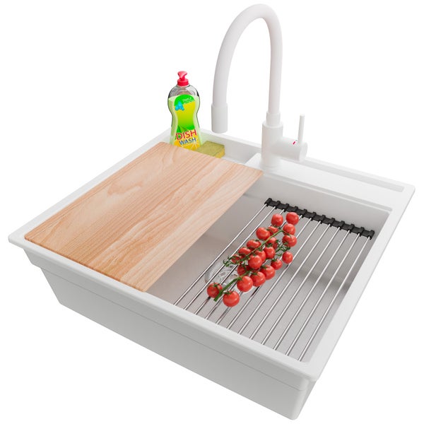 Spüle mit Schneidebrett, Abtropfgitter, Armatur und Spülmittel