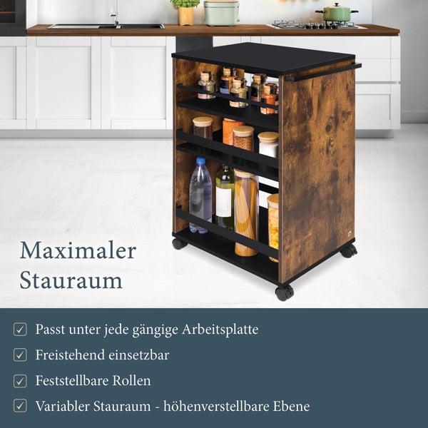 Mobiler Küchenwagen mit drei Ebenen und feststellbaren Rollen aus Holzoptik und Metall, passend unter Standard-Arbeitsplatten.
