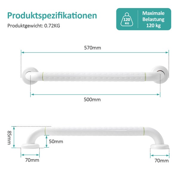 Produktspezifikationen für Haltegriff: Länge 570 Millimeter, Belastung bis 120 Kilogramm, Gewicht 0,72 Kilogramm, Wandabstand 50 Millimeter.