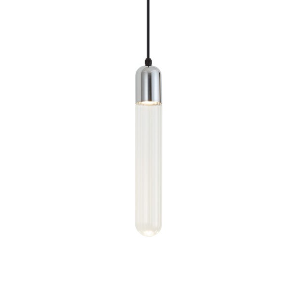 Moderne Pendelleuchte in zylindrischer Form mit geriffeltem Glaskörper und Metallfassung zur Innenbeleuchtung