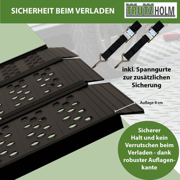 Trutzholm Verladerampen Set mit strukturierter Oberfläche, robuster Auflagekante von 8 Zentimeter und zwei Spanngurten zur Ladungssicherung.