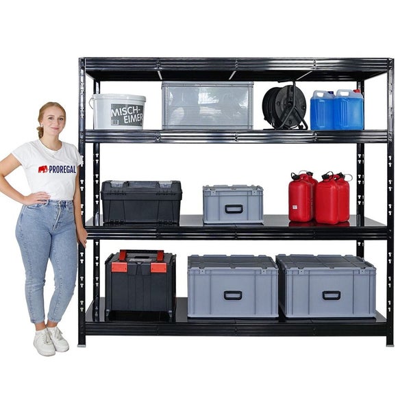 PROREGAL Profi Schwerlastregal Rhino HxBxT 180x200x60cm 4 Stahlplatten-Ebenen Fachlast 500kg Schwarz Stecksystem Lagerregal Regalsystem