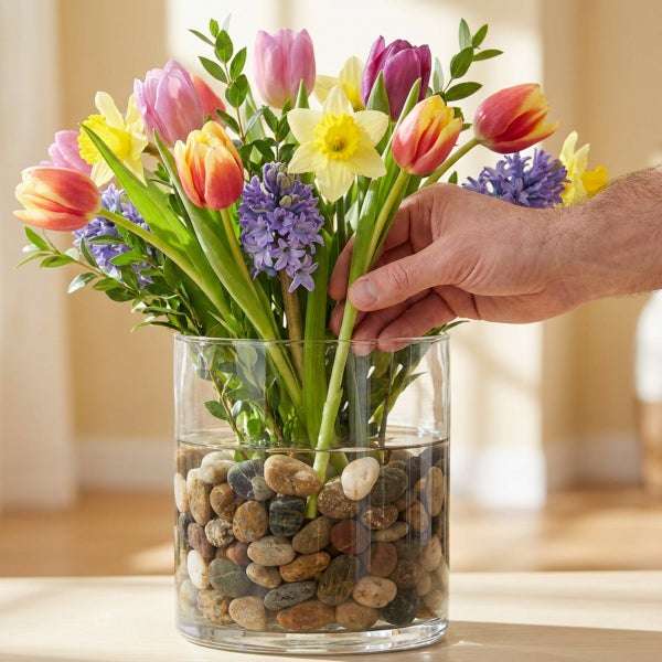 Eine Hand ordnet einen frühlingshaften Blumenstrauß aus Tulpen, Narzissen und Hyazinthen in einer Glasvase mit Kieselsteinen.