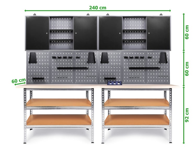 Ondis24 Werkstatt Set Uwe 240cm komplett Lochwand & Steckdose, Werkstatteinrichtung, Werkbank