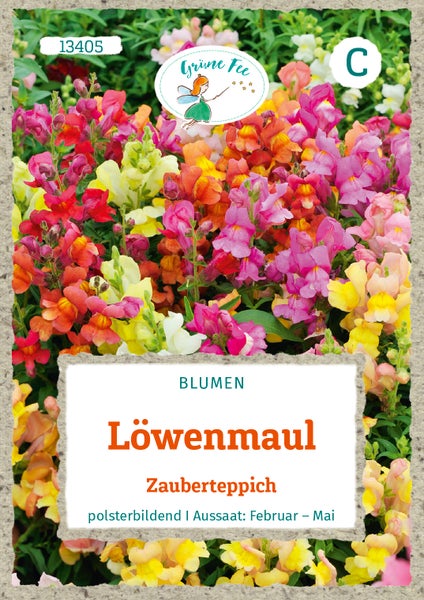 Samentüte Löwenmaul Zauberteppich, Grüne Fee Logo. Polsterbildende Blumen mit bunten Blüten. Aussaat von Februar bis Mai.