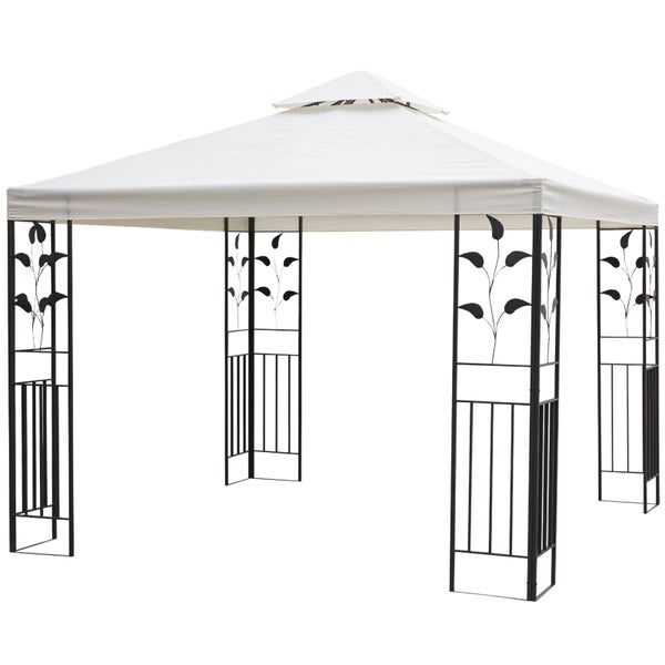 Outsunny Gartenpavillon, mit Blatt-Design Pavillon, 295L x 295B x 270H cm, Polyester, Cremeweiß