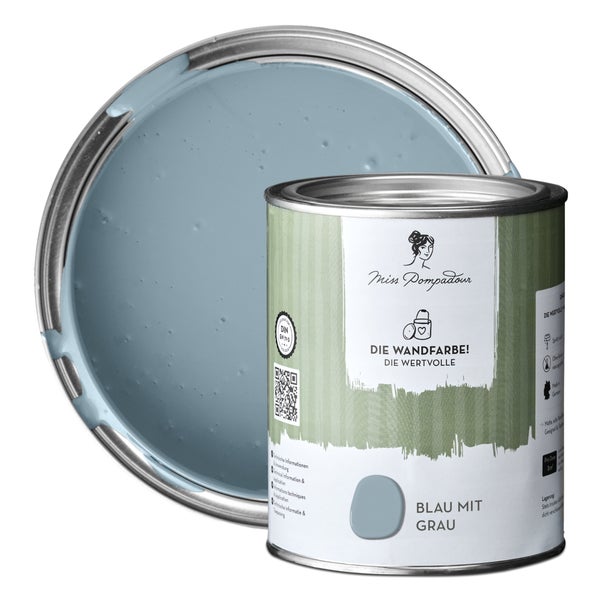 MissPompadour extramatte Wandfarbe 1L Blau mit Grau - sehr hohe Deckkraft - geruchsneutrale, spritzfreie Farbe - atmungsaktive, wasserbasierte Innenfarbe/Deckenfarbe - Die Wertvolle