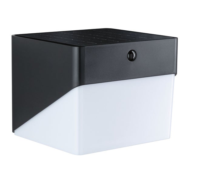 Moderne Solar-Wandleuchte für den Außenbereich in Schwarz und Weiß mit integriertem Solarpanel und Bewegungsmelder.