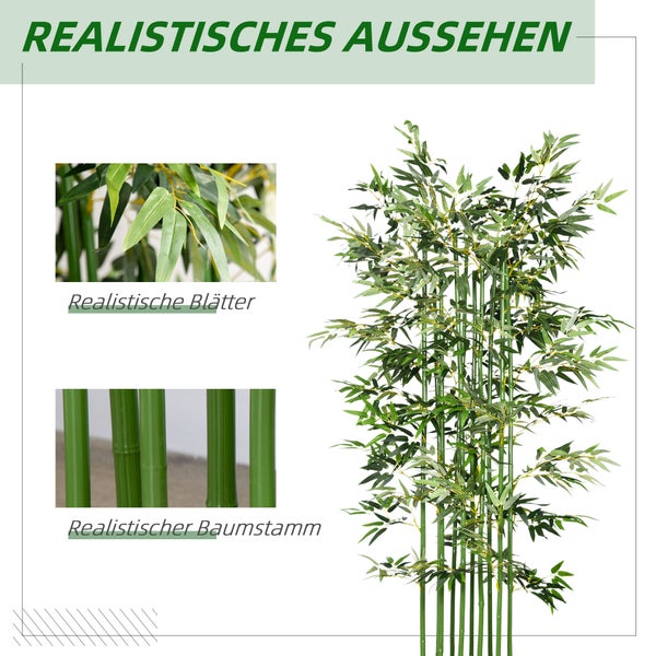 Künstliche Bambuspflanze mit realistischen Blättern und authentischen Bambusstämmen in Detailansicht.