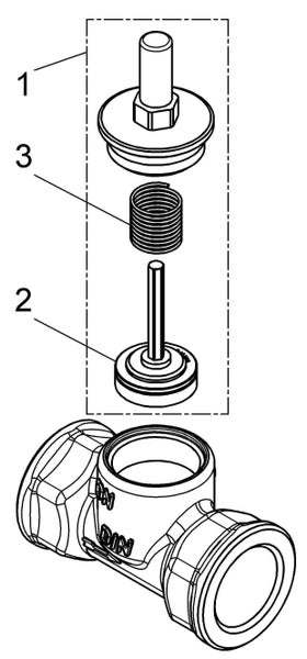 Explosionszeichnung eines Ventiloberteils mit Feder und Dichtung für ein Schrägsitzventil oder Geradsitzventil.