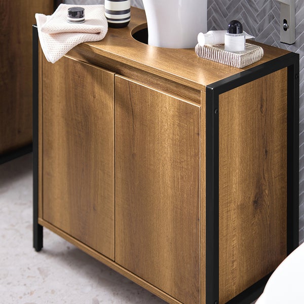 Waschbeckenunterschrank mit zwei Türen, Holzoptik, Metallgestell, 60x60x30 cm