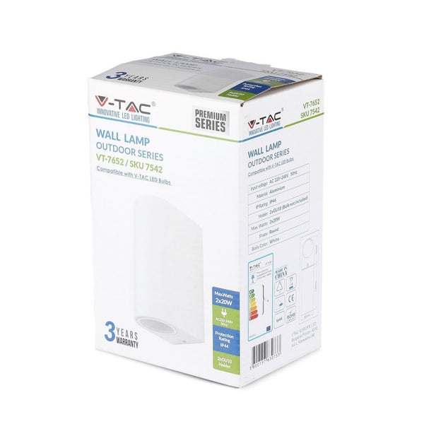 Verpackung einer V-TAC Außenwandleuchte der Serie VT-7652 mit einer Garantie von drei Jahren