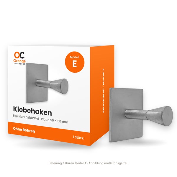 Klebehaken Modell E aus gebürstetem Edelstahl, quadratische Platte 50 mal 50 Millimeter, Montage ohne Bohren, eine Stück pro Packung.