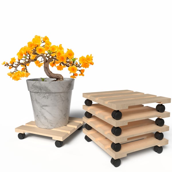 Blumenhocker aus Holz mit Rollen und Pflanze im Topf