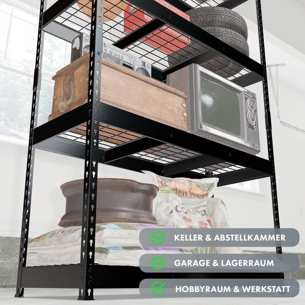 Schwarzes Metallregal mit diversen Gegenständen zur Aufbewahrung