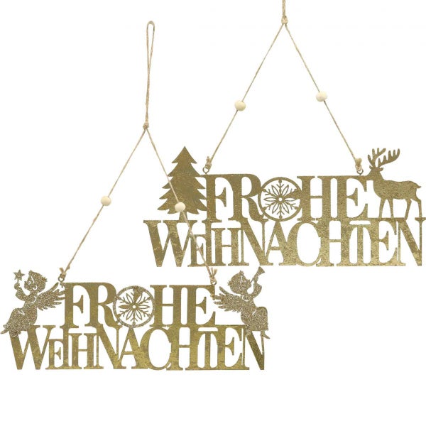 Zwei goldfarbene Weihnachtsanhänger mit der Aufschrift Frohe Weihnachten.