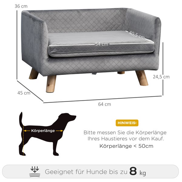 PawHut Hundesofa mit Holzbeinen Hundebett Haustiersofa Hundematte für kleine Hunde bis zu 8 kg Samt-Touch Grau 64 x 45 x 36 cm