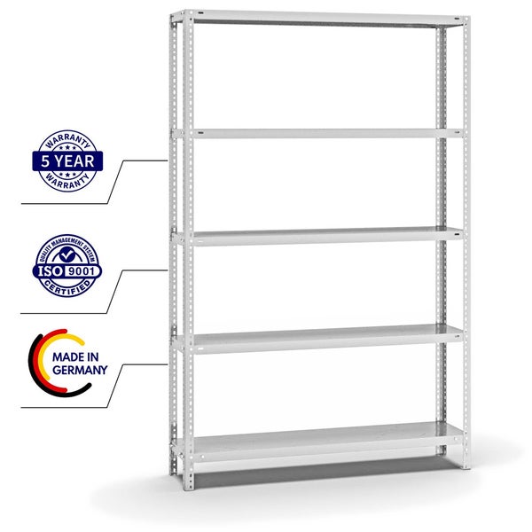 PROREGAL Fachbodenregal Schraubsystem Light-Duty Grundregal HxBxT 200 x 130 x 30 cm 5 Ebenen Fachlast 125 kg Beidseitig Nutzbar Lichtgrau