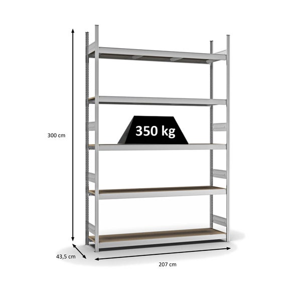 PROREGAL Weitspannregal Stecksystem T-Profil Grundregal HxBxT 300x200x40 cm 5 Ebenen Spanplatten Fachboden Fachlast 350 kg Verzinkt