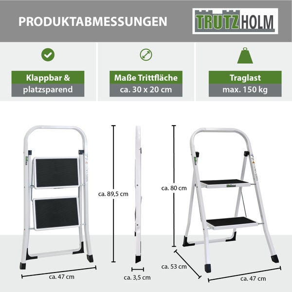 Technische Maßzeichnung einer Trutzholm Klapptrittleiter mit zwei Stufen, inklusive Produktinformationen zu Klappbarkeit, Stufenmaß und Traglast.