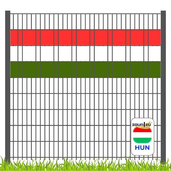 Metallzaun mit ungarischer Flagge und Zaun zu Logo