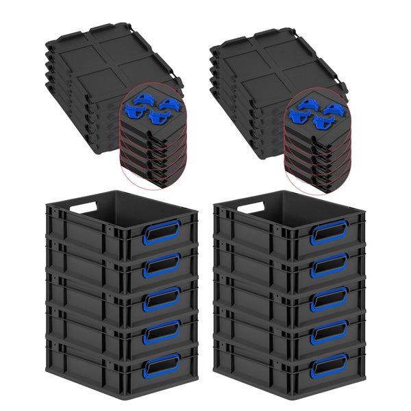 PROREGAL SparSet 10x Eurobox NextGen Color mit Auflagedeckel und Schiebeschnappverschlüsse, HxBxT 12x30x40cm, 11 Liter, Schwarz, Griffe blau offen, Eurobehälter, Transportbox, Transportbehälter, Stapelbehälter