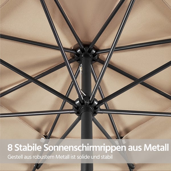 Detailansicht eines Sonnenschirms mit acht stabilen Sonnenschirmrippen aus Metall