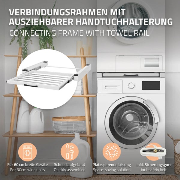 ML-Design Zwischenbaurahmen mit Wäscheleine, Stahl 60,5x54,5cm Weiß, Waschmaschine/Trockner Verbindungsrahmen, Zwischenbausatz mit ausziehbarer Handtuchhalter, Zwischenrahmen Universal, Trocknersäule