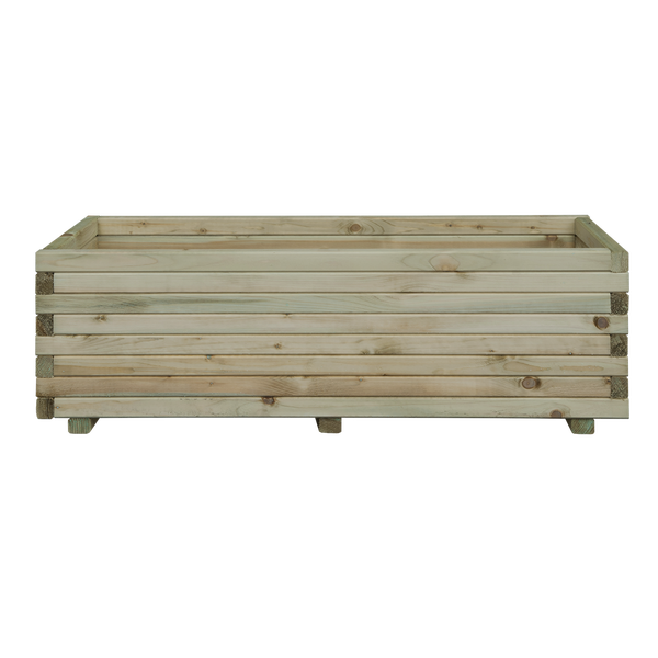 Rechteckiger Pflanzkasten aus Holzlamellen für den Außenbereich.